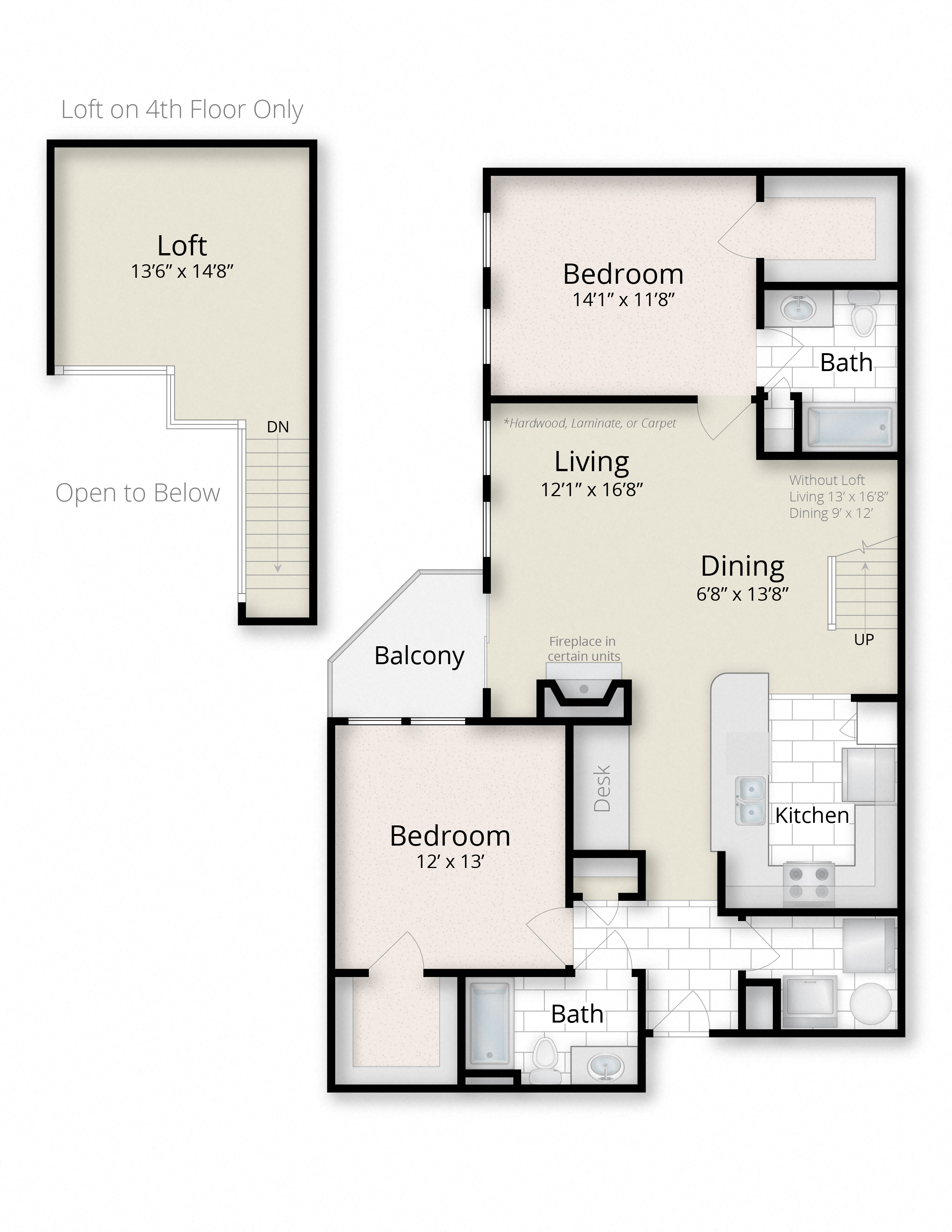 Floor plan for 2 beds, 2 baths, 1190 sqft